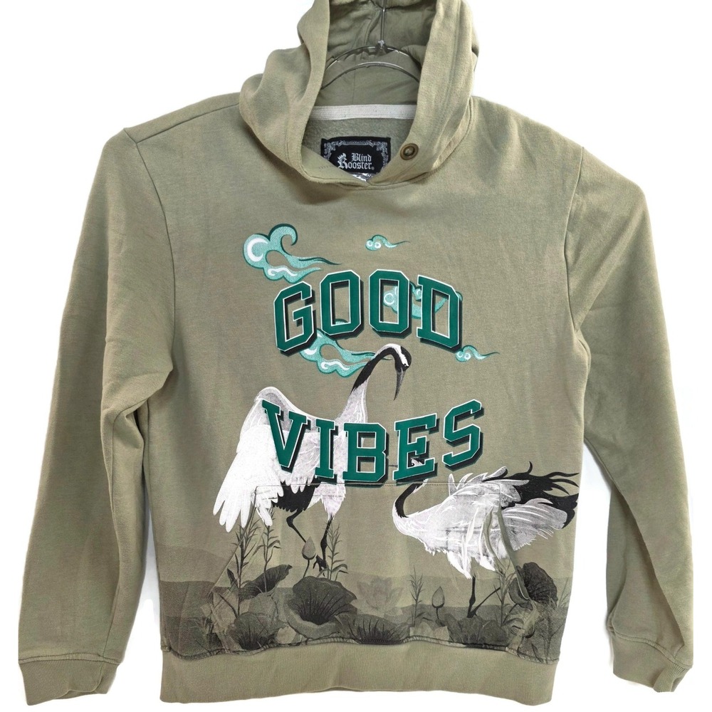 Blind Rooster Hoodie‎ Sweatshirt Mens Medium Gray Good Vibes Graphic Cranes